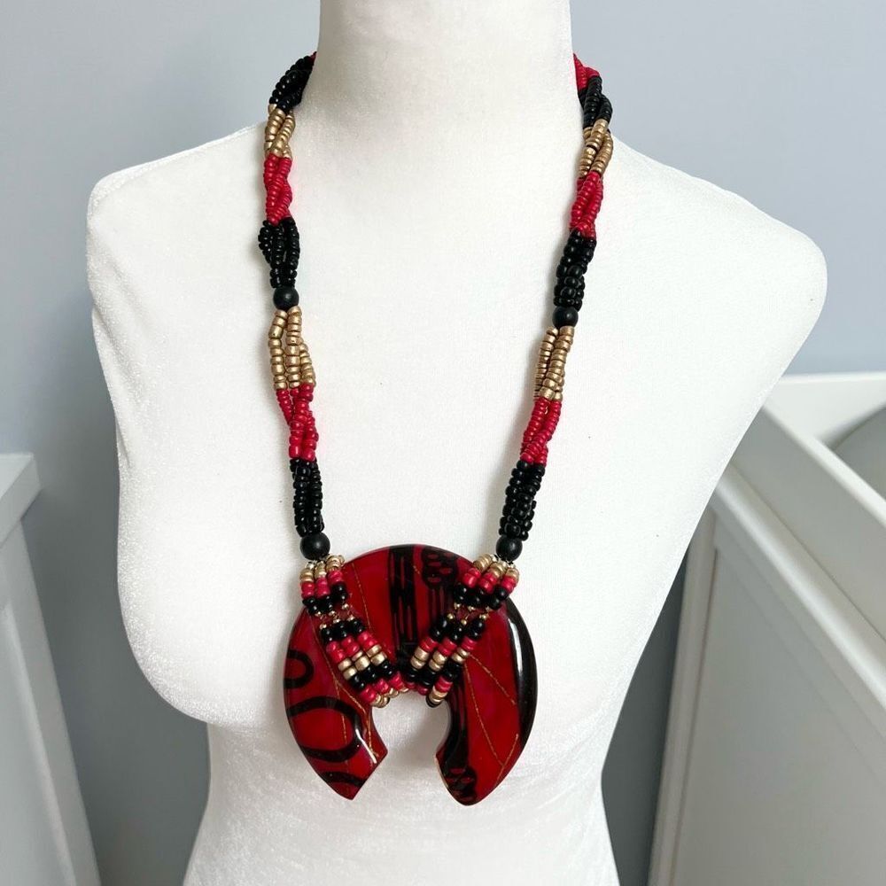 African style multicolor beaded geometric pendant necklace